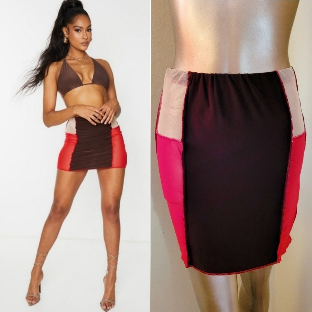 NWT PLT Chocolate Slinky Contrast Panel Mini Skirt